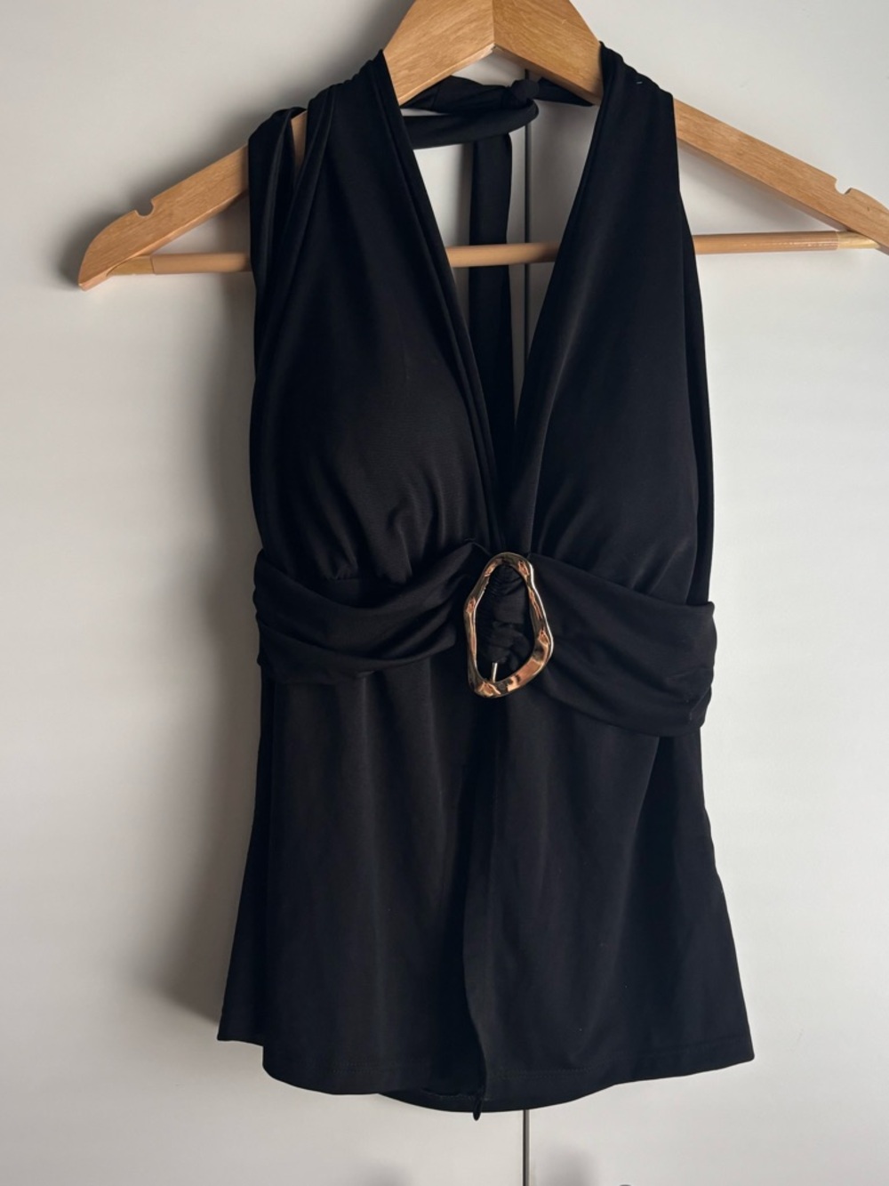 Black Halter Tank with Gold Accent Ring